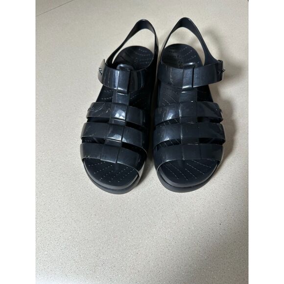Crocs Splash Glossy Fisherman's Sandals Jellies NWOB Size 8 Black Discontinued - Picture 2 of 7